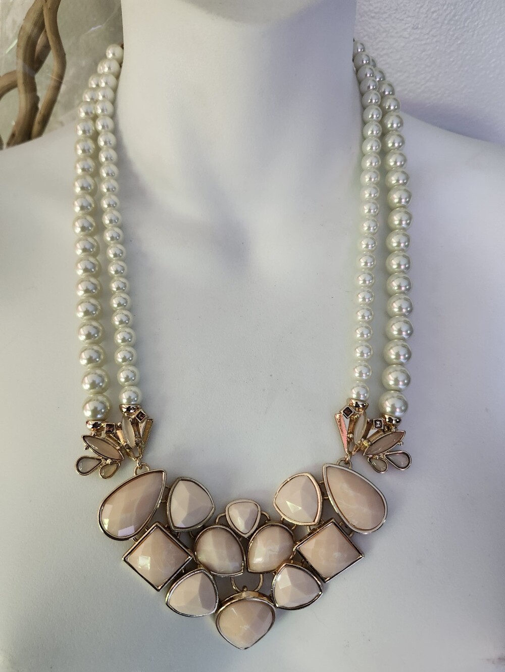 Talbots Double Strand Pearl Bib Necklace with Blush Stone Accents